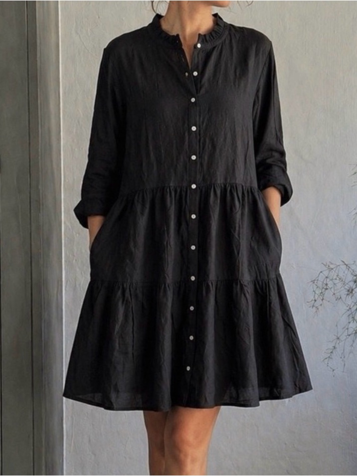 Alice Walk Nantucket New Black Button-Front Long-Sleeve Linen Dress Ruff Collar